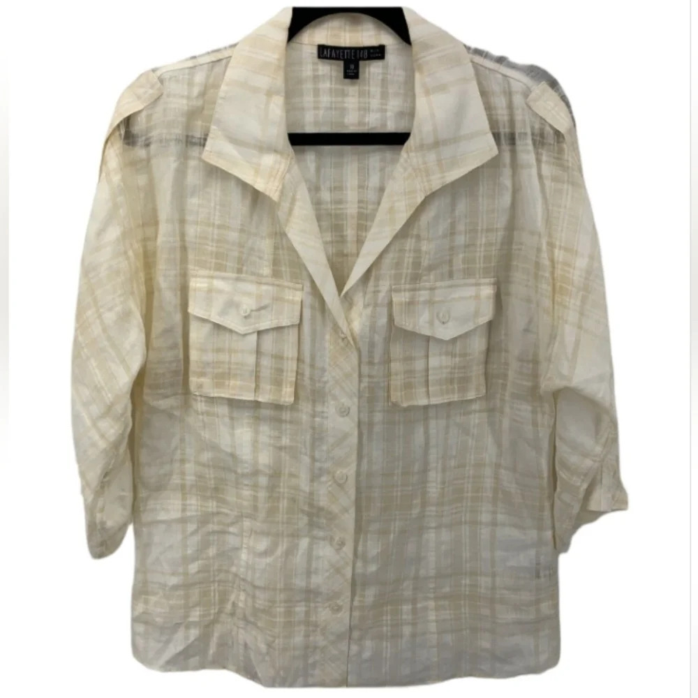Lafayette 148 Muted Plaid Button Front Linen Blend Camp Style Shirt Size 10 - Picture 1 of 7